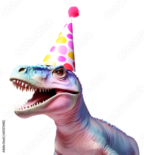 dinosaur wearing a hat In the theme birthday party, colorful T-Rex, rainbow colors isolated on transparent background cutout, PNG file. © CassiOpeiaZz