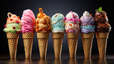 Various varieties of ice cream in cones. Generative Ai