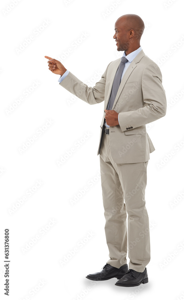 Black man, business and presentation, pointing at information isolated on png transparent background. Male speaker, announcement and news with seminar, teaching in workshop with opportunity and goals Black man, business and presentation, pointing at information isolated on png transparent background. Male speaker, announcement and news with seminar, teaching in workshop with opportunity and goals