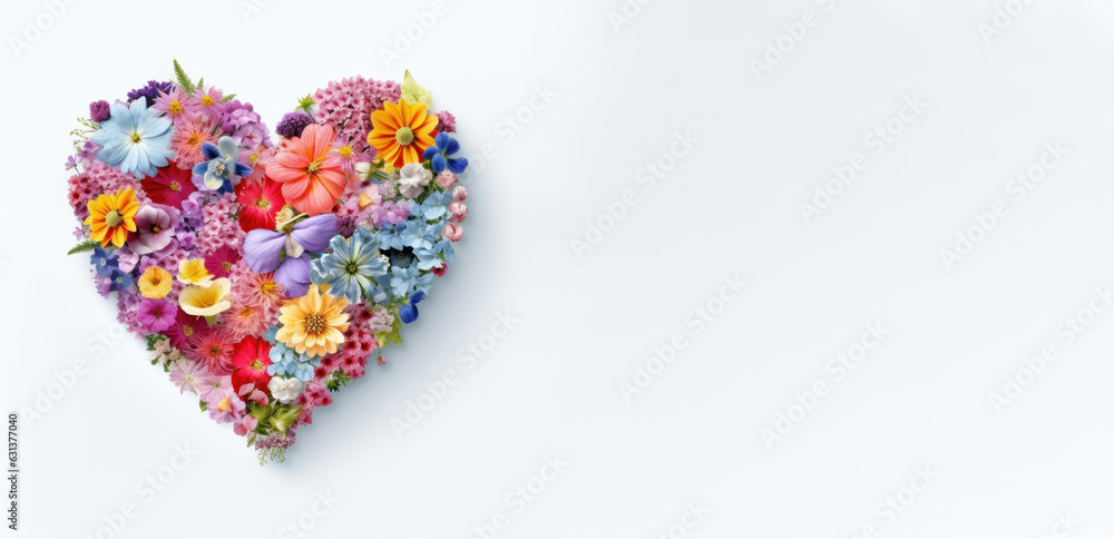 spring flowers in shape of heart layout. Flat lay bouquet. Love concept. isolated on white background top view photography