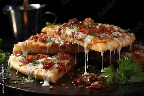 Pizza with mozzarella cheese and bacon on a black background