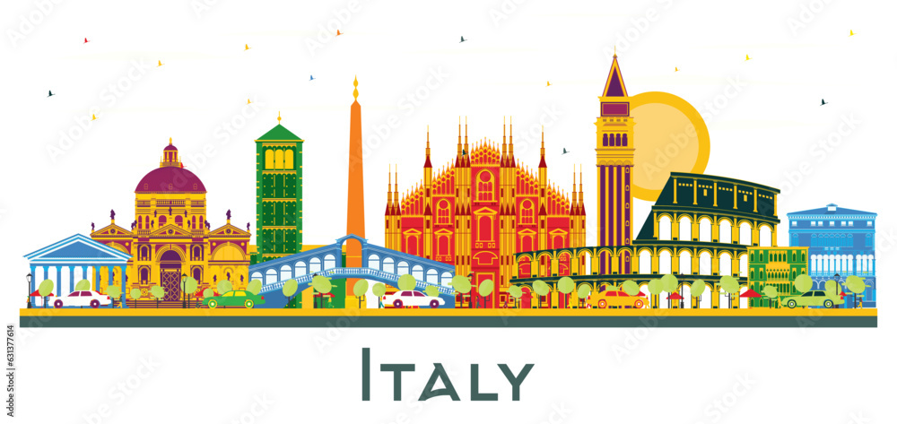 Italy City Skyline with Color Landmarks isolated on white background.