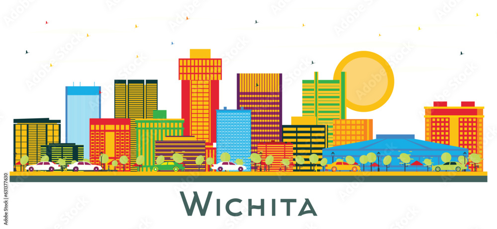 Wichita Kansas USA City Skyline with Color Buildings isolated on white.