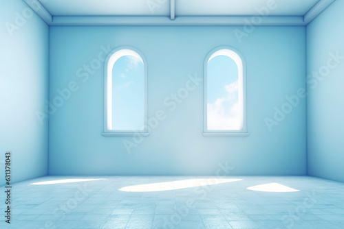 A beautiful empty blue room with two arches. (Generative AI)