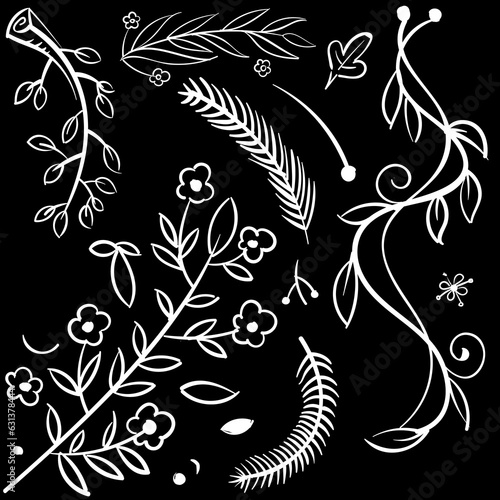 white trees florals isolated black design element