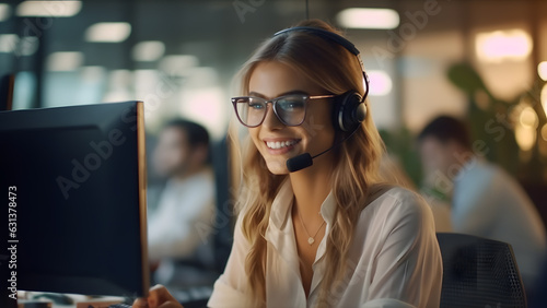 A Caucasian blonde woman in white blouse and glasses , smiling while talking on  headset while working at her desk in open plan office