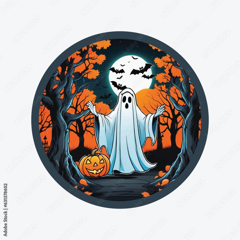 ghost halloween on the forest castle tree vector design sticker full color ghost halloween on the forest castle tree vector design sticker full color