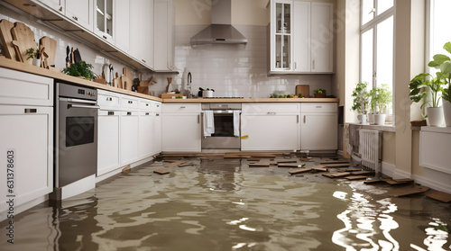 Fotografie, Obraz キッチンの床が水浸、ハリケーン被害、水害｜The kitchen floor is flooded