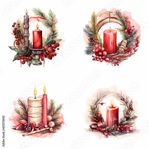 A set of four for Christmas decorations on a wreath vector illustration with red candle and branches, in the style of realistic watercolor paintings 
