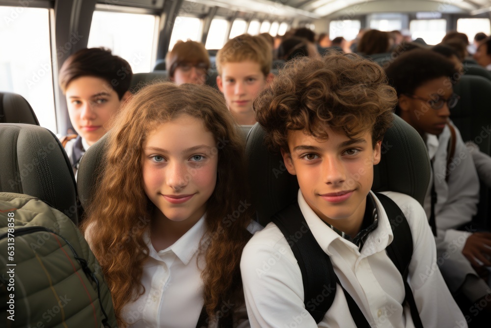 Student sitting on the seat looking at Confidence camera on the school bus Student sitting on the seat looking at Confidence camera on the school bus