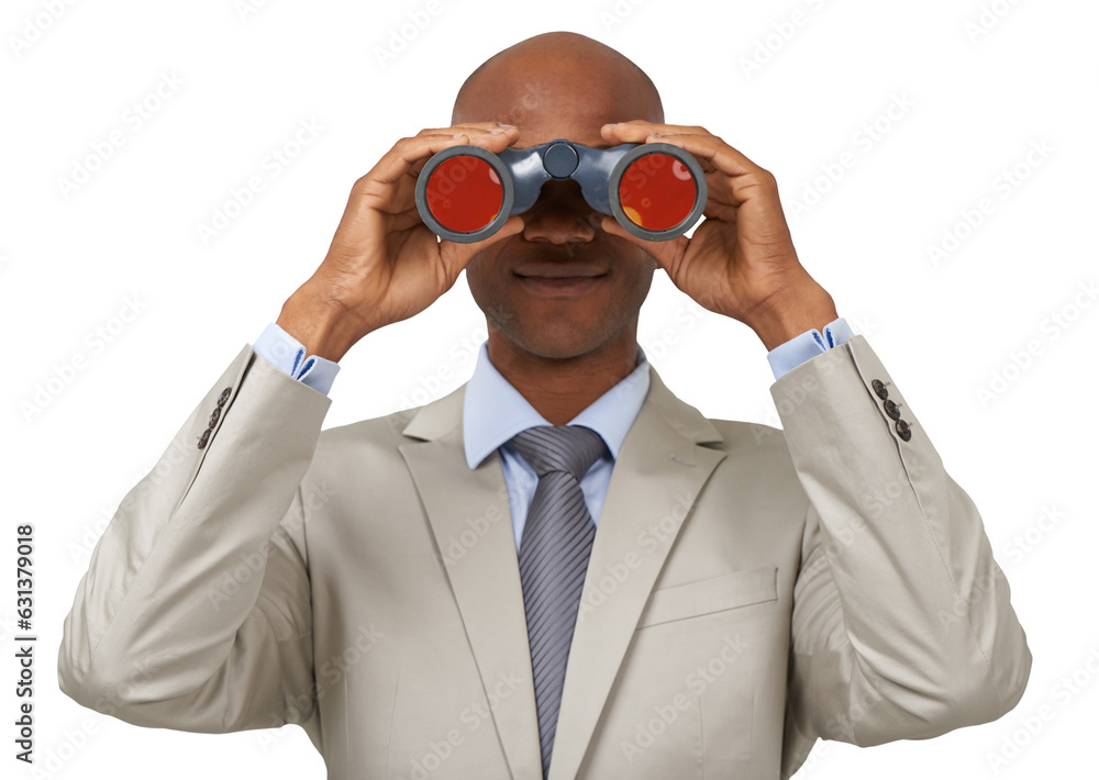 Business, black man and binocular, future and portrait isolated on a transparent png background. Telescope, professional face and person search, watch or spy, survey or monitor, vision or perspective Business, black man and binocular, future and portrait isolated on a transparent png background. Telescope, professional face and person search, watch or spy, survey or monitor, vision or perspective