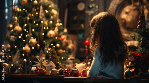 A Cute Girl Amidst a Christmas Tree Adorned with Lights, Decorations, Gifts, and Ornaments, in a Cozy Room, Celebrating Christmas Day and Welcoming the New Year. Generative AI © ABC Vector