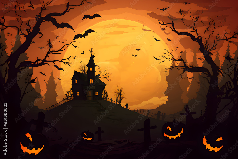 Black Orange Halloween Wallpaper Night in the dark forest with evil pumpkins, Generative AI