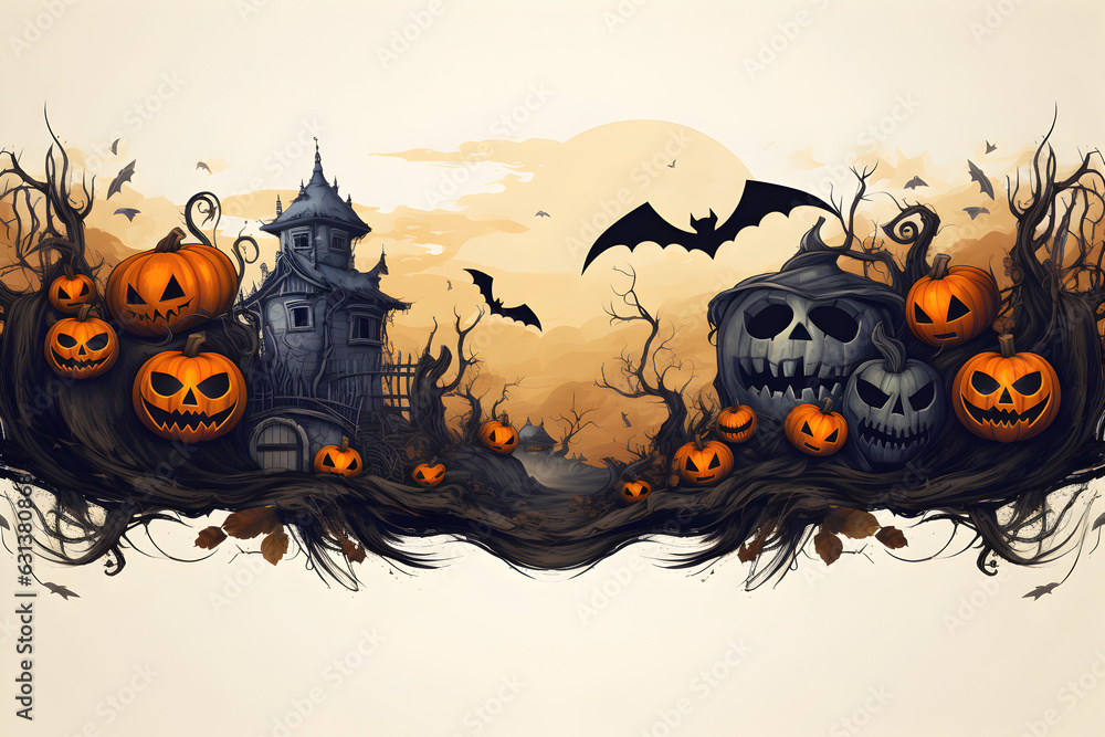 Halloween banner with evil ghost pumpkins, Generative AI