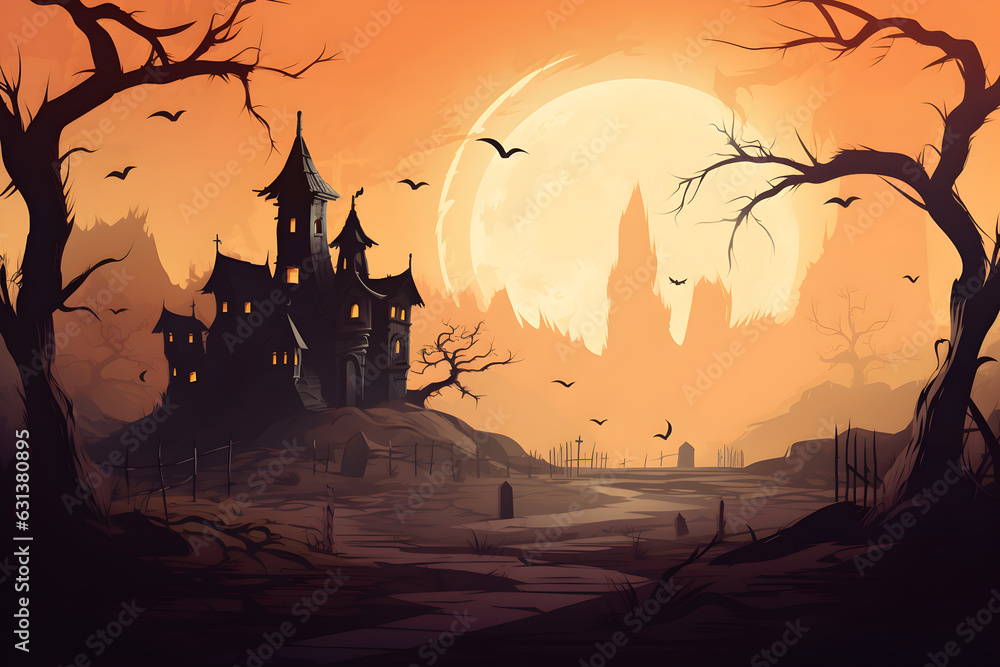 Halloween wallpaper in the dark forest haunted castle, Generative AI