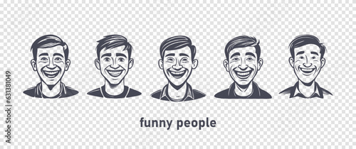Vector set of funny emotional cartoon people. Graphic portraits of smiling men. Isolated background.