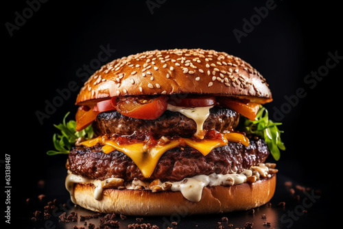 Burger with beef patty made of marble meat, Grain-fed meat, Served with potato slices, Black background, Copy space , soft lightinig