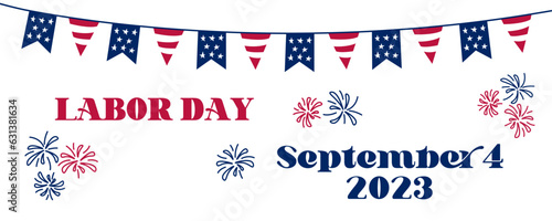 Labor Day 2023 banner. American Labor Day celebration poster. Text and doodle symbols of USA. Vector illustration