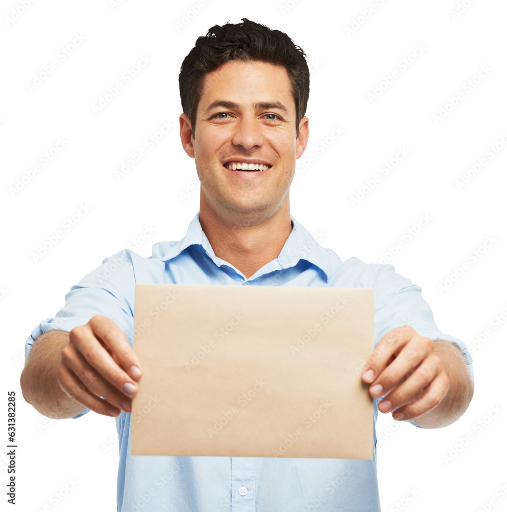 Cardboard, portrait of man and mockup sign, space and marketing isolated on a transparent png background. Advertising, face and happy person on poster, banner or info, commercial and flyer promotion Cardboard, portrait of man and mockup sign, space and marketing isolated on a transparent png background. Advertising, face and happy person on poster, banner or info, commercial and flyer promotion