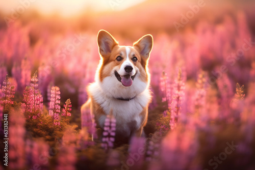 Charming corgi dog in flowers in spring mountains, soft lightinig