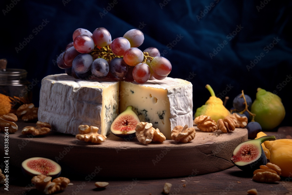 Cheese brie with figs, walnuts, and blue grapes on a dark background, soft lightinig Cheese brie with figs, walnuts, and blue grapes on a dark background, soft lightinig