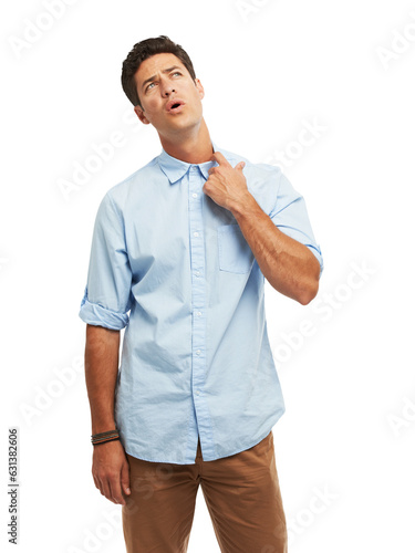 Nervous, collar and a man sweating or hot with anxiety, panic attack or stress and burnout. Business person with a shirt isolated on a transparent, png background with heat, pressure or uncomfortable