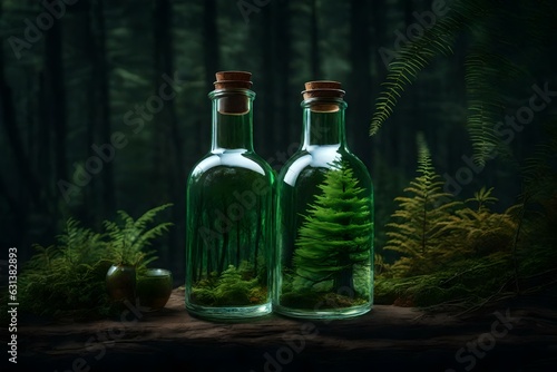 a bottle containing an imaginary forest, in the style of photorealistic fantasies, fantasy-inspired art