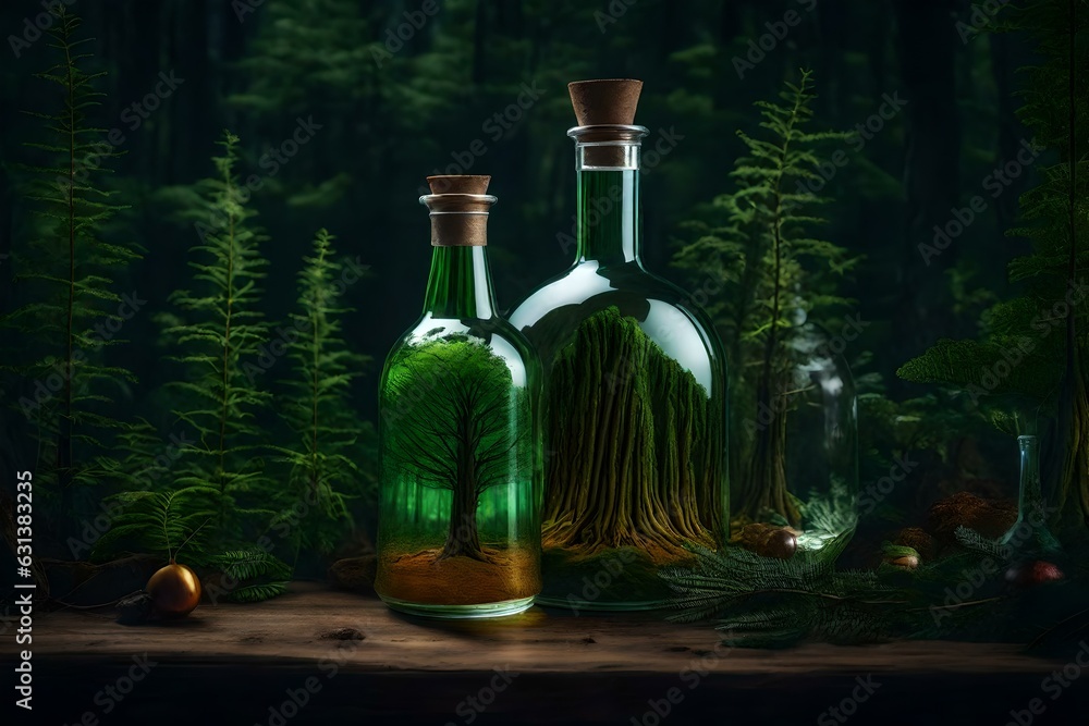 a bottle containing an imaginary forest, in the style of photorealistic fantasies, fantasy-inspired art