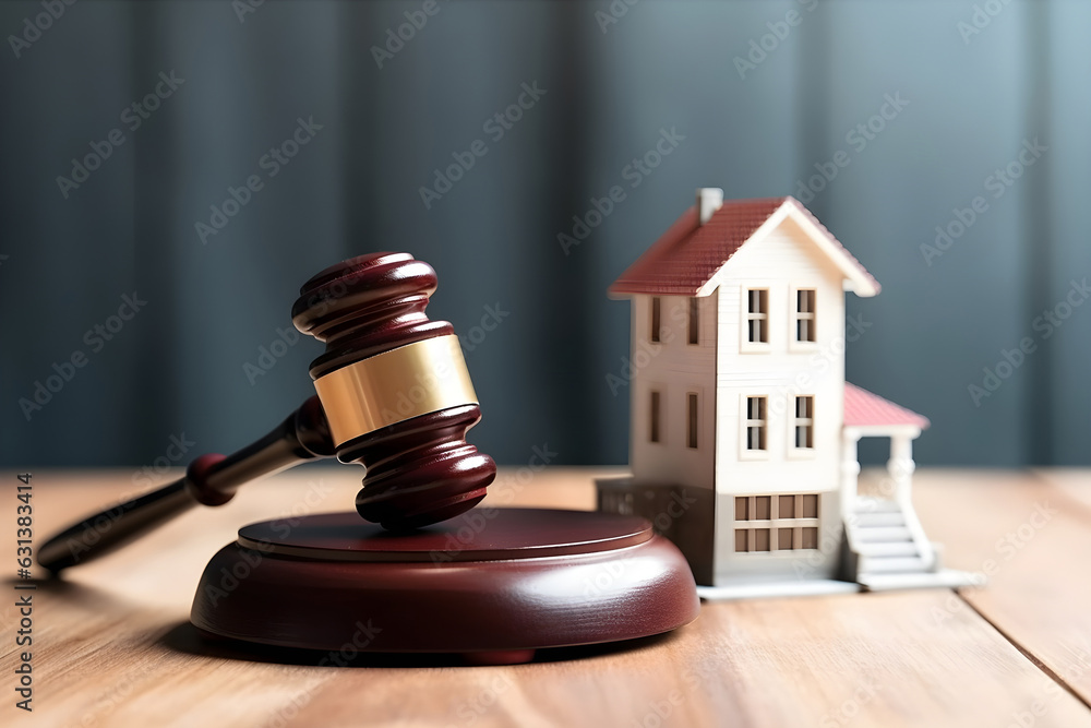 Law and Justice real estate house auction concept. Judge gavel on wooden table in front of a house model. Law and Justice real estate house auction concept. Judge gavel on wooden table in front of a house model.