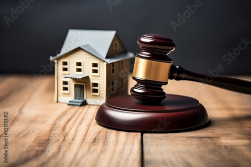 Law and Justice real estate house auction concept. Judge gavel on wooden table in front of a house model. photo