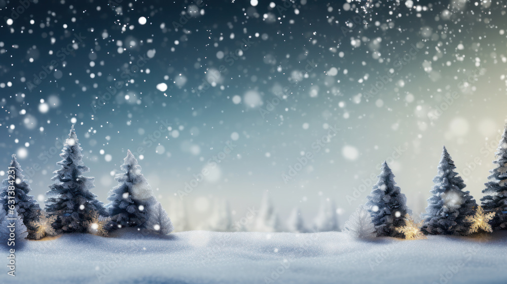 Snow-Covered Christmas Tree in a Forest Setting, with a Blurred Background and Falling Snow, Winter Landscape Scene. Generative AI