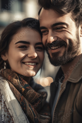 Smiling Turkish couple. Vertical, close up portrait. Love, family love or romantic concept