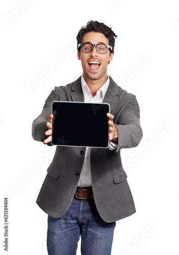 Portrait, tablet and nerd with an IT support man isolated on a transparent background for website promotion. Technology, research or programming with a happy male geek on PNG for software development
