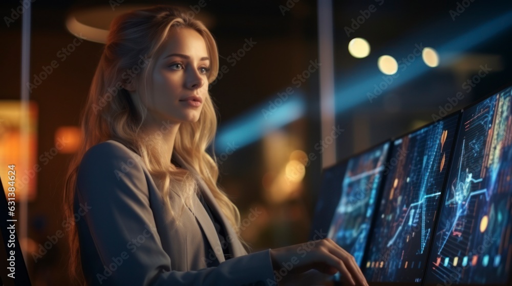 Fototapeta premium Elegant businesswoman using a futuristic holographic interface, technology, finance, vibrant colors