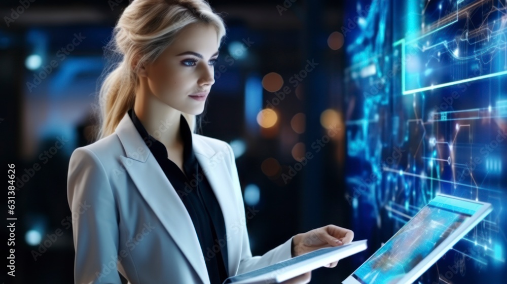 Elegant businesswoman using a futuristic holographic interface, technology, finance, vibrant colors Elegant businesswoman using a futuristic holographic interface, technology, finance, vibrant colors