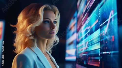 Elegant businesswoman using a futuristic holographic interface, technology, finance, vibrant colors