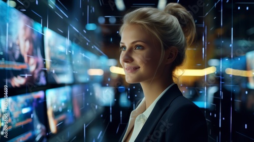 Elegant businesswoman using a futuristic holographic interface, technology, finance, vibrant colors © Muzaffer Stock
