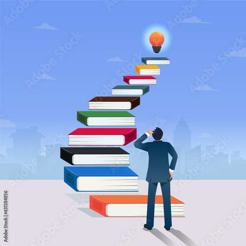 Businessmen standing looking at book stairs with light bulbs on top. Education, practice and looking for idea concept vector illustration