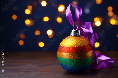 Photo of a vibrant ornament adorned with a purple ribbon created with Generative AI technology