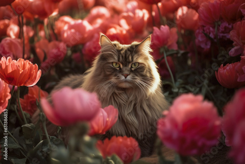 Beautiful cat with long fur between pink flowers. 