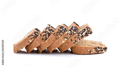 Sliced homemade brown bread isolated on white background