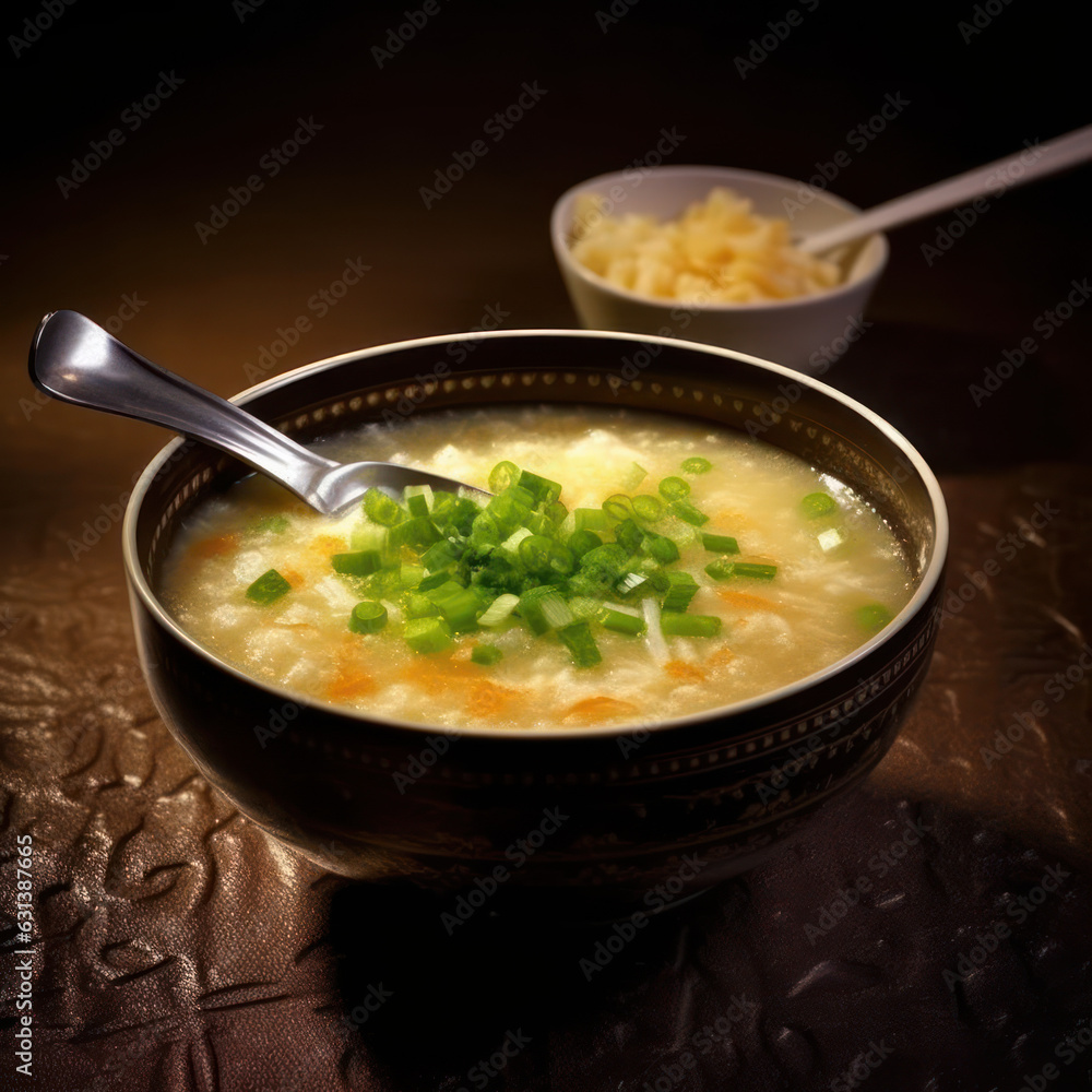  A bowl of egg drop soup with whisked eggs
