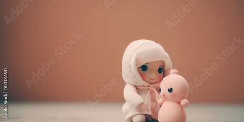 cute stuffed doll toy sitting and playing with another doll on wooden background, love and lifestyle concept, playful with copy space