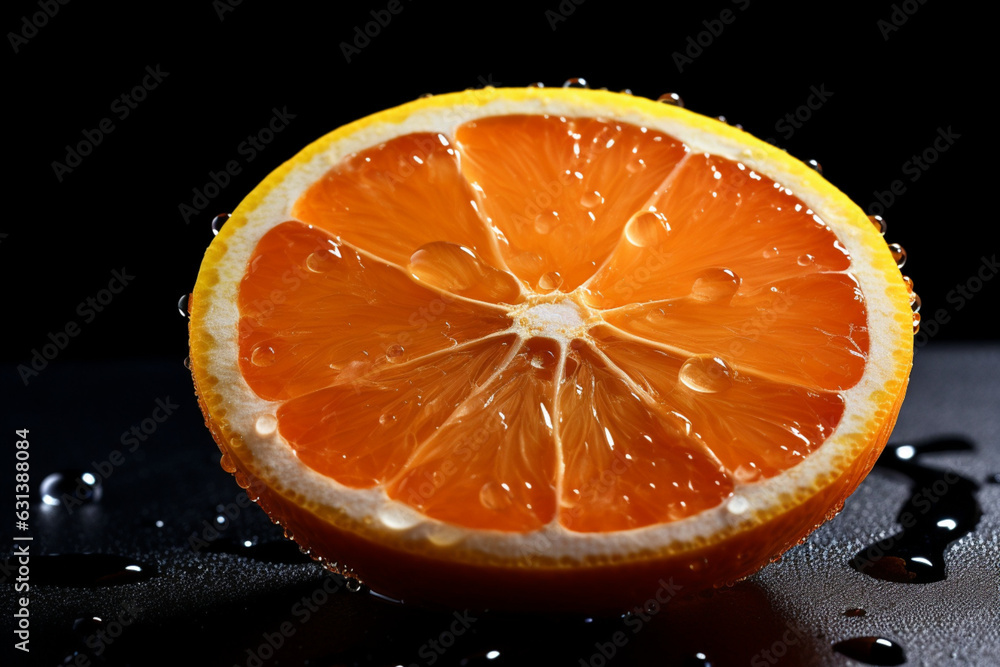 Close-up of orange fruit slice with water drop against black background, Close-up of orange fruit slice with water drop against black background,