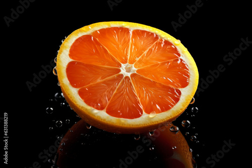 Close-up of orange fruit slice with water drop against black background 