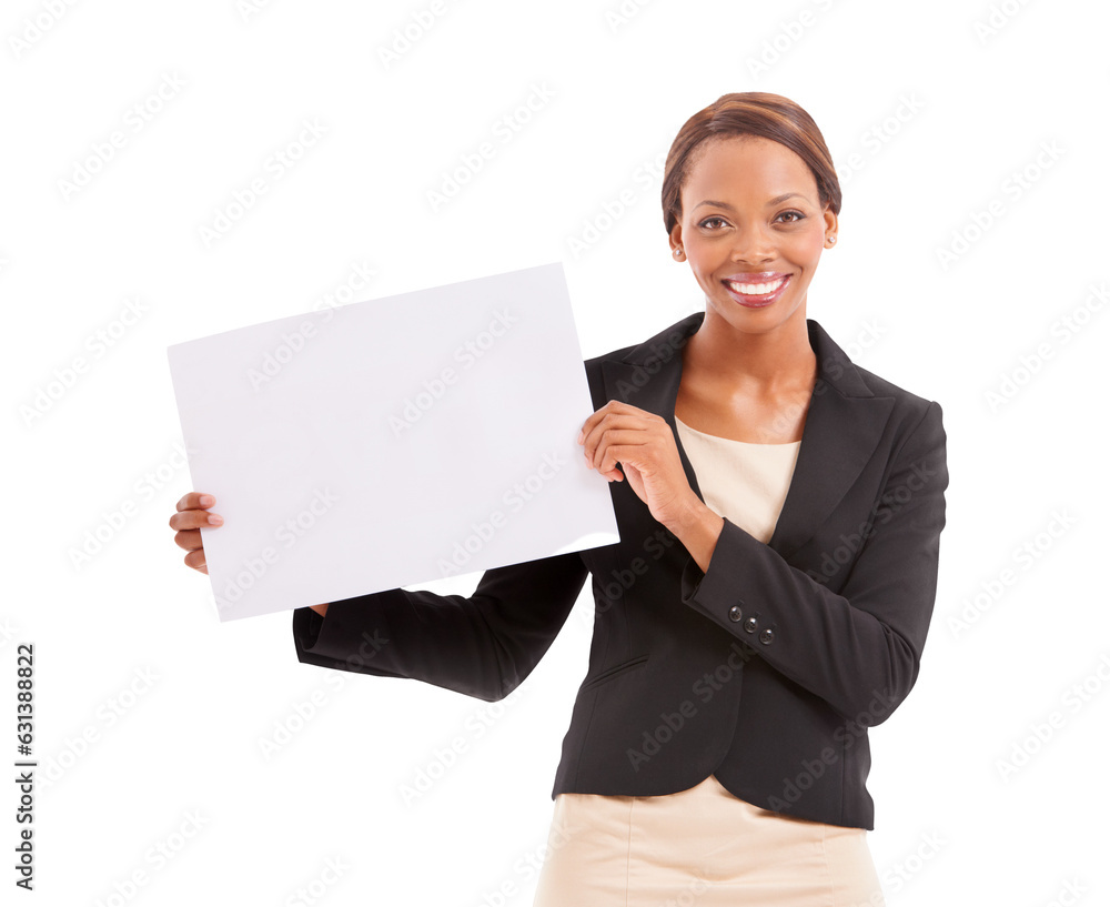 Black woman, portrait and billboard in advertising, presentation or message isolated on a transparent PNG background. Happy African female person smile with poster or sign in business for marketing Black woman, portrait and billboard in advertising, presentation or message isolated on a transparent PNG background. Happy African female person smile with poster or sign in business for marketing