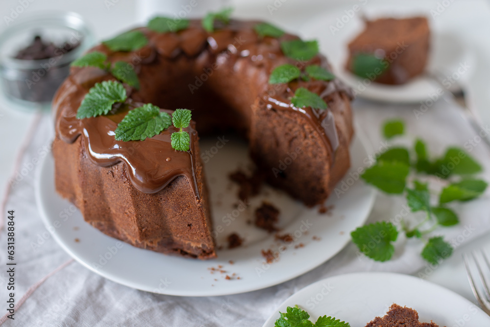 Chocolate Bundt Cake and a slice on a plate