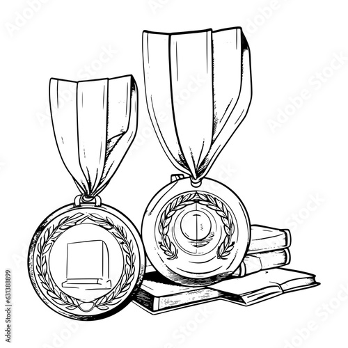 medals and trophy in sports, outline vector illustration.