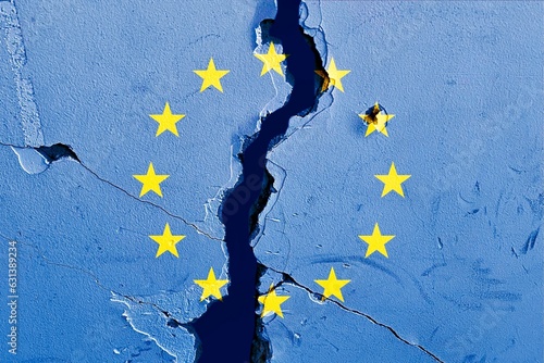 EU flag on cracked wall background, abstract Europe politics economy concept