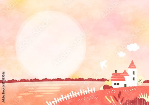秋の夕日と海辺の家の風景 夕方のノスタルジックな水彩背景イラスト